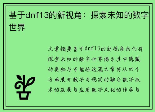 基于dnf13的新视角：探索未知的数字世界